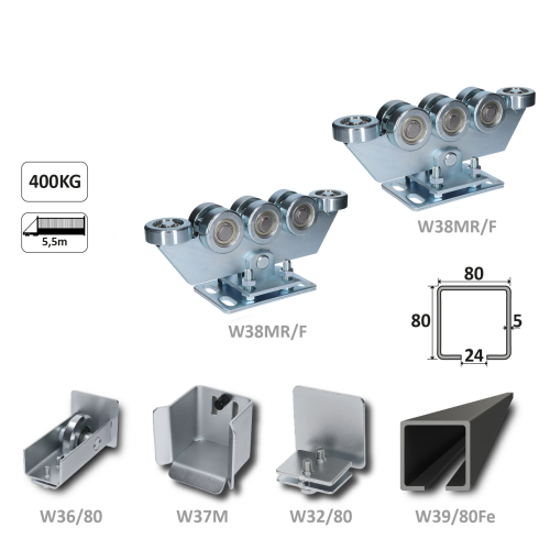 Samonosný systém 80x80x5 mm pro posuvné brány do 400 kg / 5,5 m otvor (W39/80Fe 6 m černý profil, 2x W38MR/F, 1x W36/80, 1x W37/M, 1x W32/80)